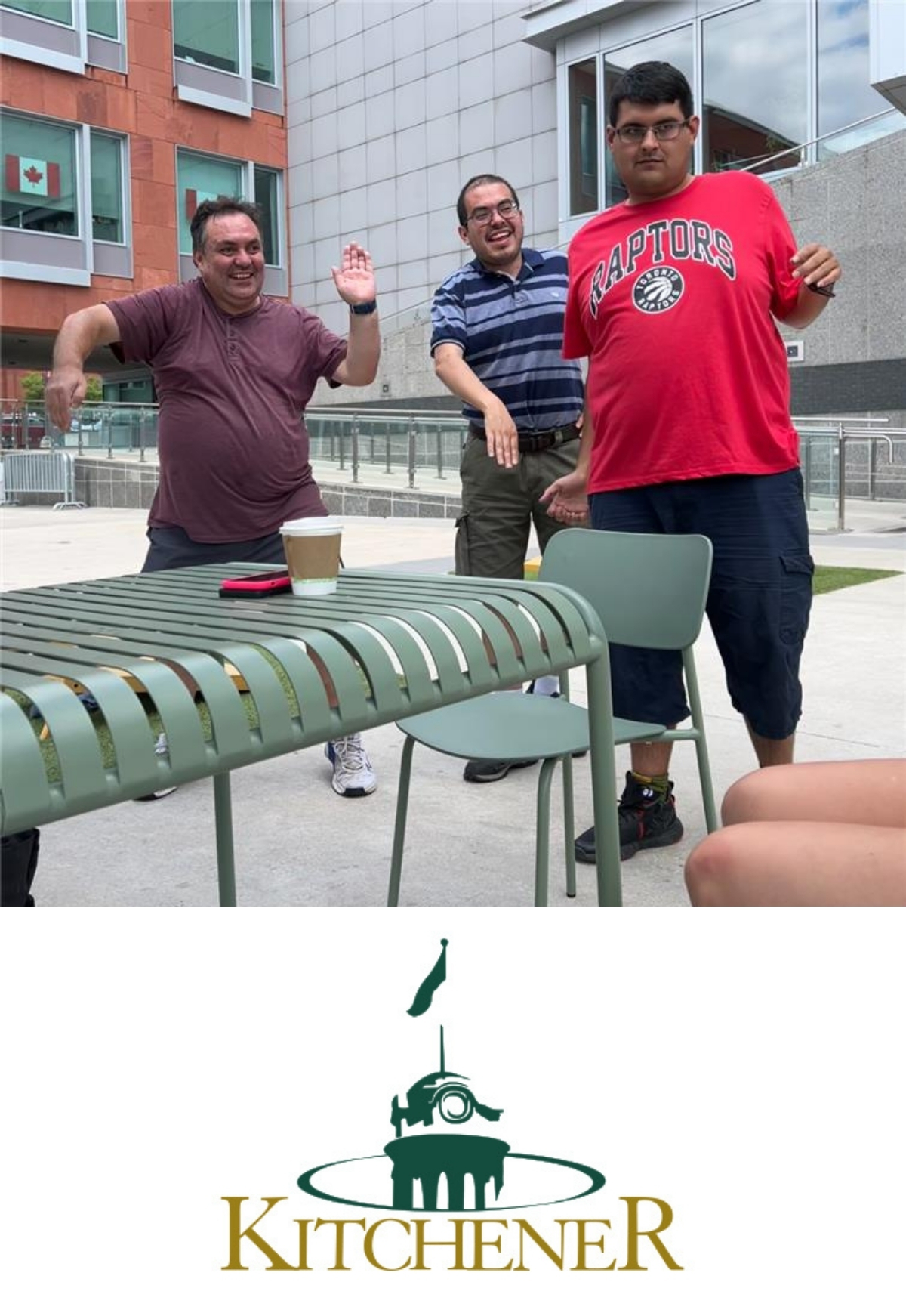 Felipe, Simon and James dancing to the music at the Live at Lunch concert at Kitchener City Hall. The City of Kitchener Logo.