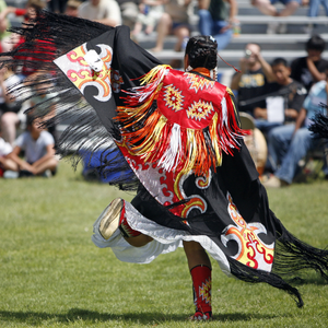 A person dancing while wearing traditional indigenous clothing.