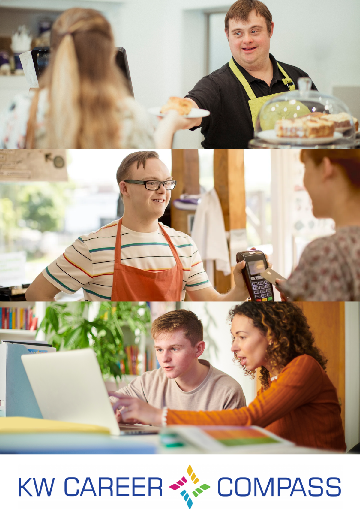A person with a developmental disability serving a customer. A person with a developmental disability using a debit machine to receive payment from a customer. A person with a developmental disability receiving one on one instruction from a tutor. The KW Career Compass logo.