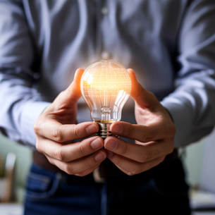 A person holding a lightbulb that is illuminated with a complex pattern.