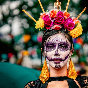 A person with a lot of makeup on and colourful flowers in their hair. 