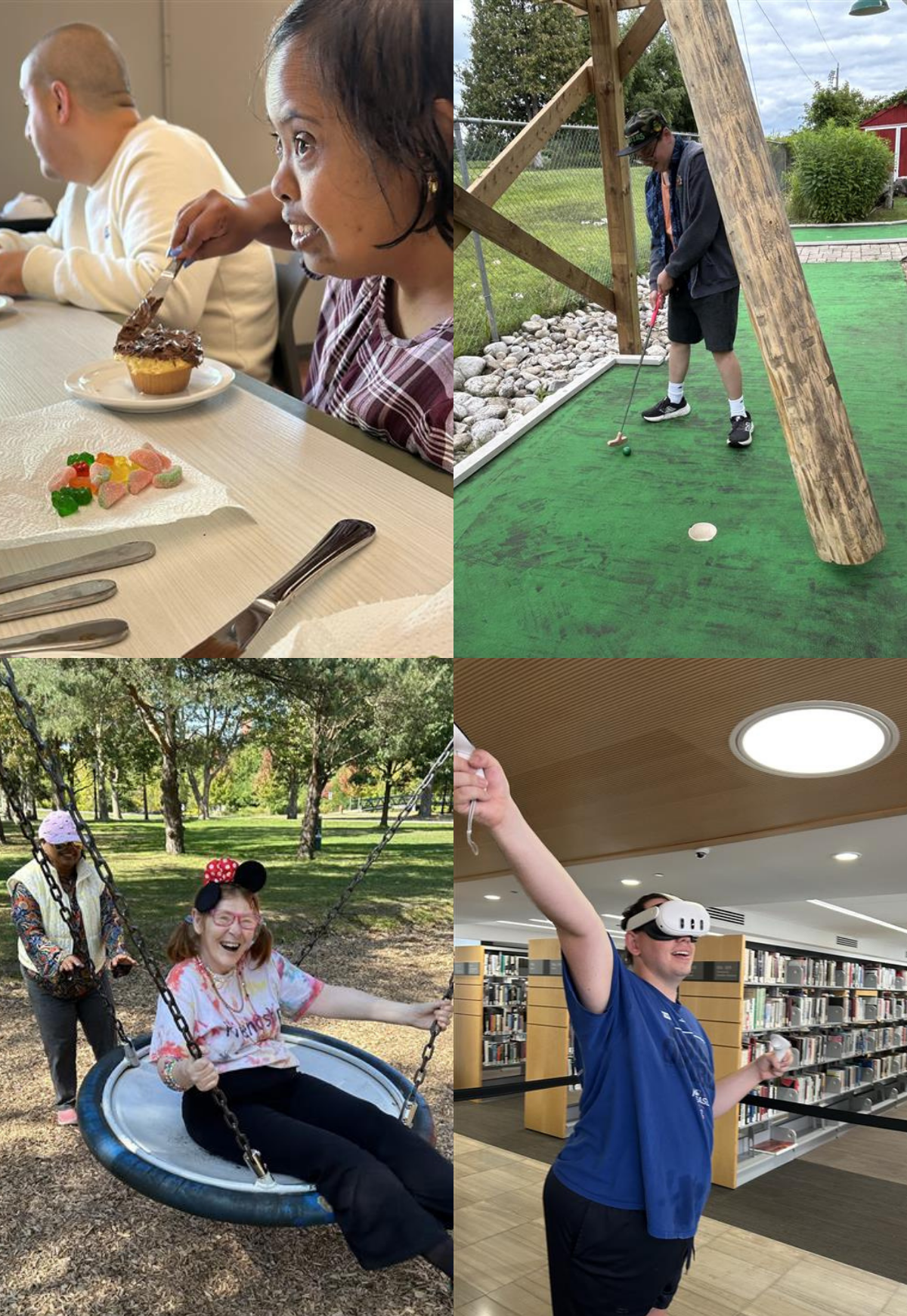 people decorating cupcakes, a person playing mini golf, a person pushing another person on a swing, a person using a vr headset