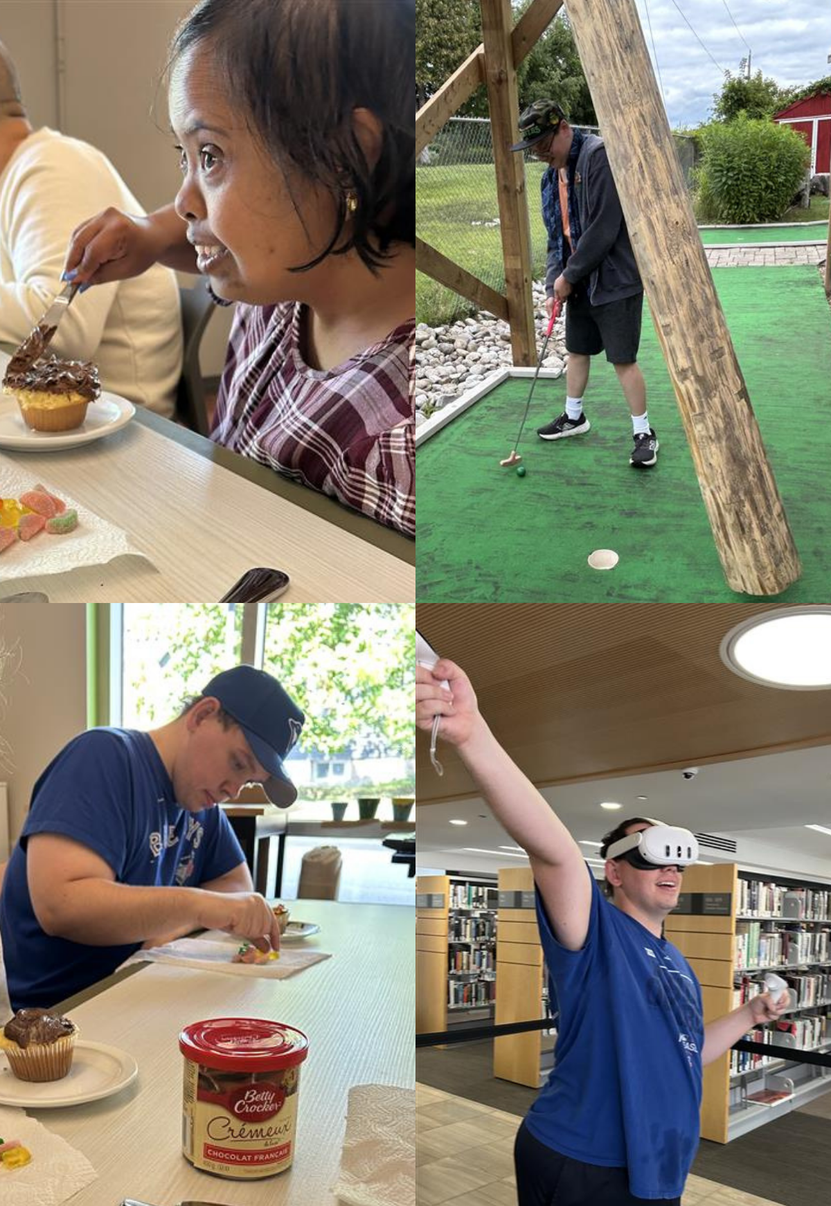 Two people decorating cupcakes, a person mini golfing and a person using a VR headset.