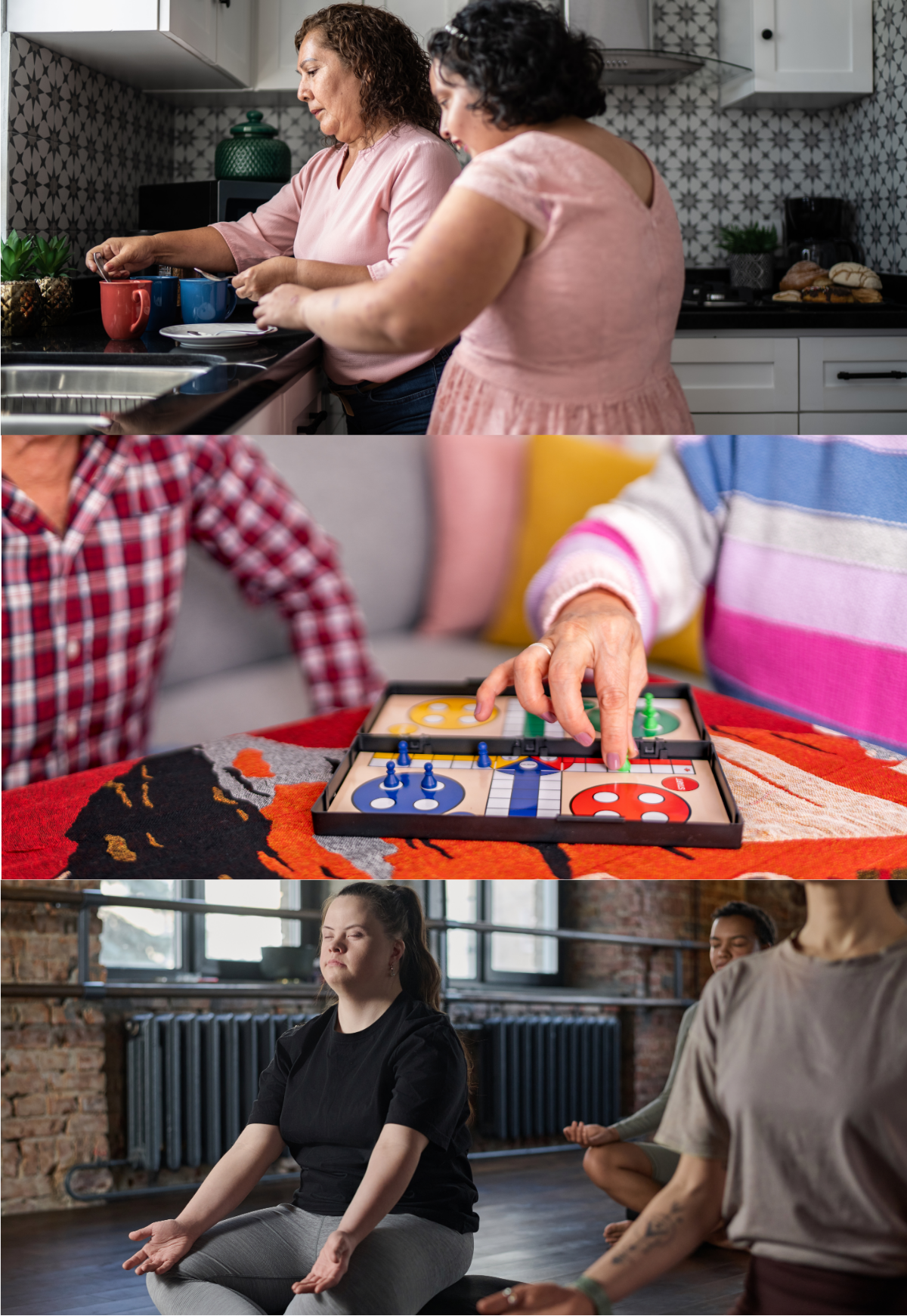 Two people cooking. Two people playing a board game. People sitting with legs crossed and eyes closed meditating.