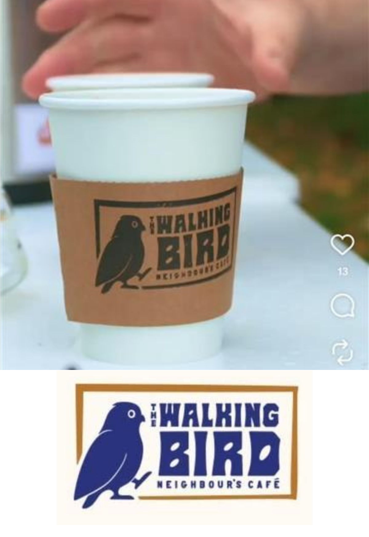 A coffee cup and The Walking Bird Neighbour's Cafe logo.