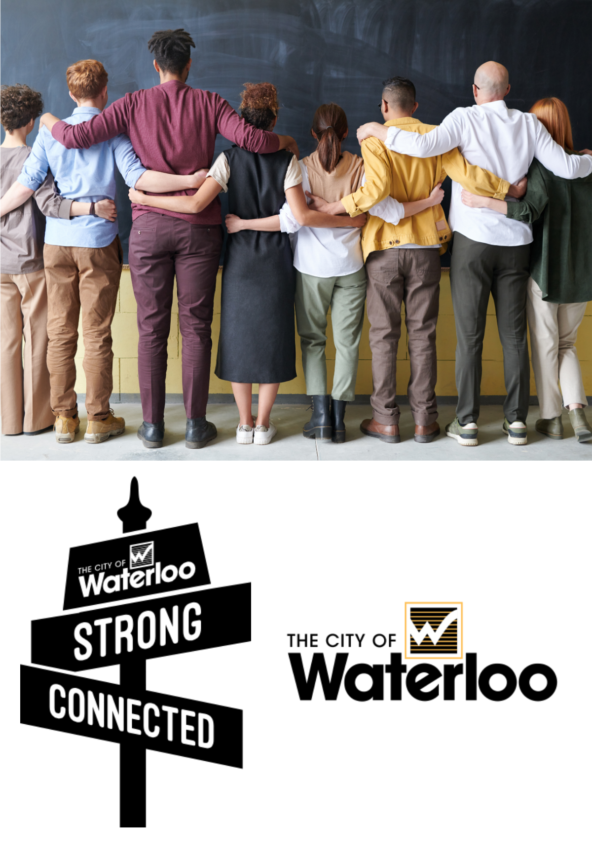 A lineup of people standing arm in arm