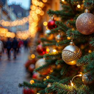 A decorated holiday tree with lights and people walking a village street in the background