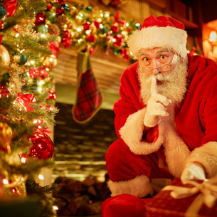 Santa Claus making a sign to shush and be quiet.