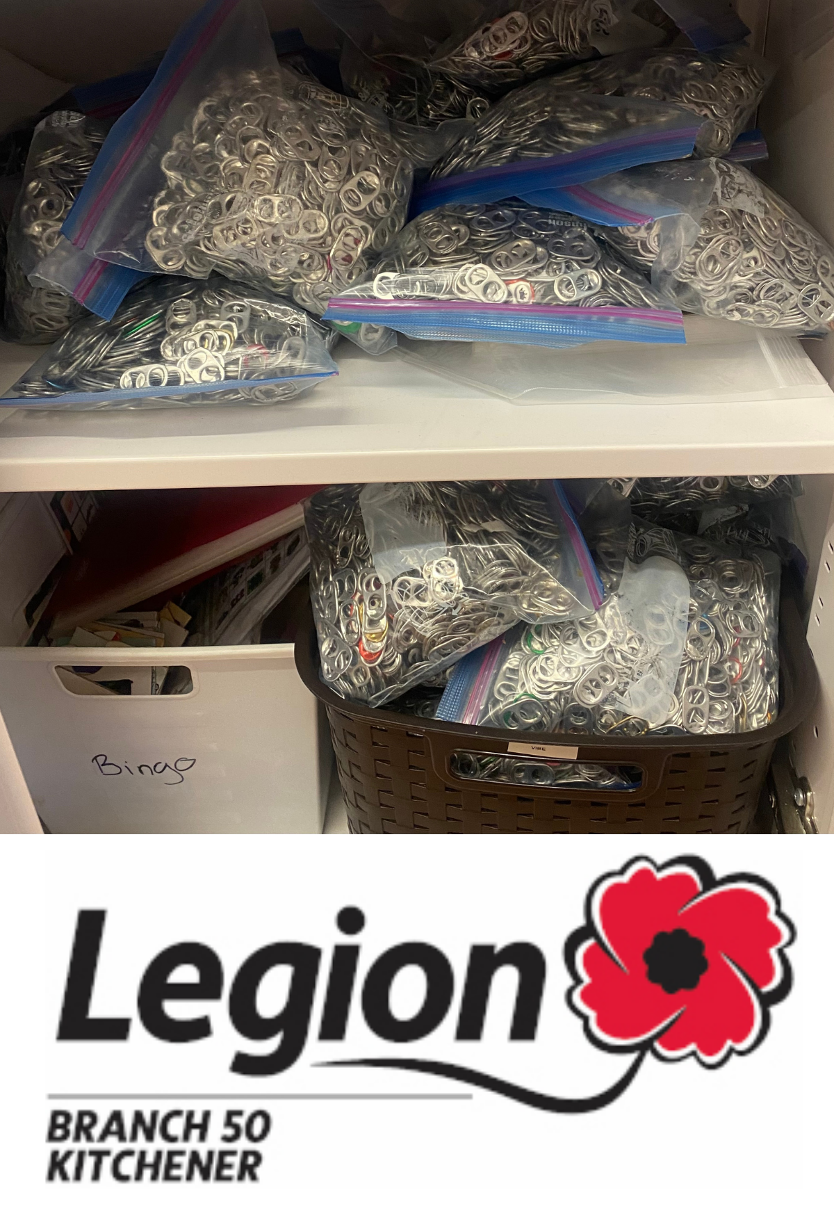 a lot of pop tabs filling several bags piled on two shelves. The Legion Branch 50 Kitchener logo.