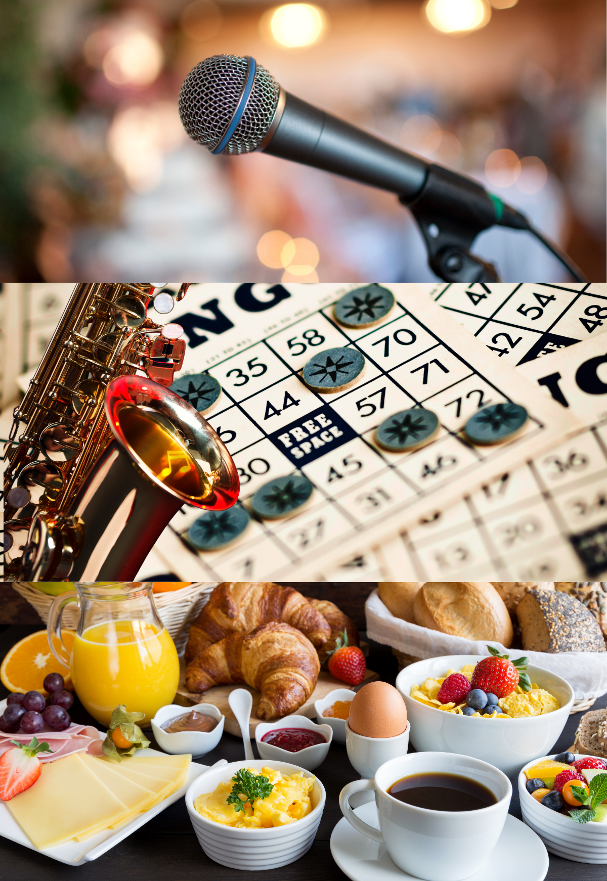 a microphone, a saxophone with some bingo cards and a an array of breakfast foods.