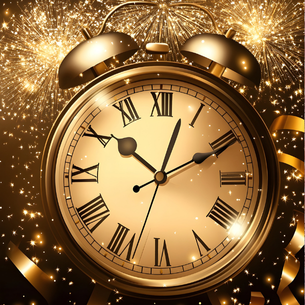 A golden clock with bright white fireworks in the background