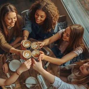 A group of people at around a round table. They are all holding a mug of fancy lattes in together for a cheers.