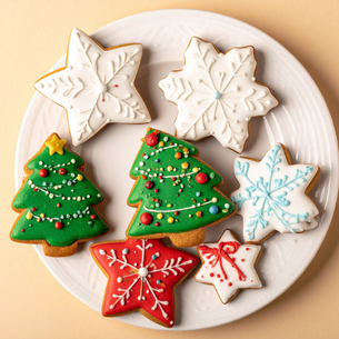 A plate with several decorated cookies including snowflakes, stars and trees.