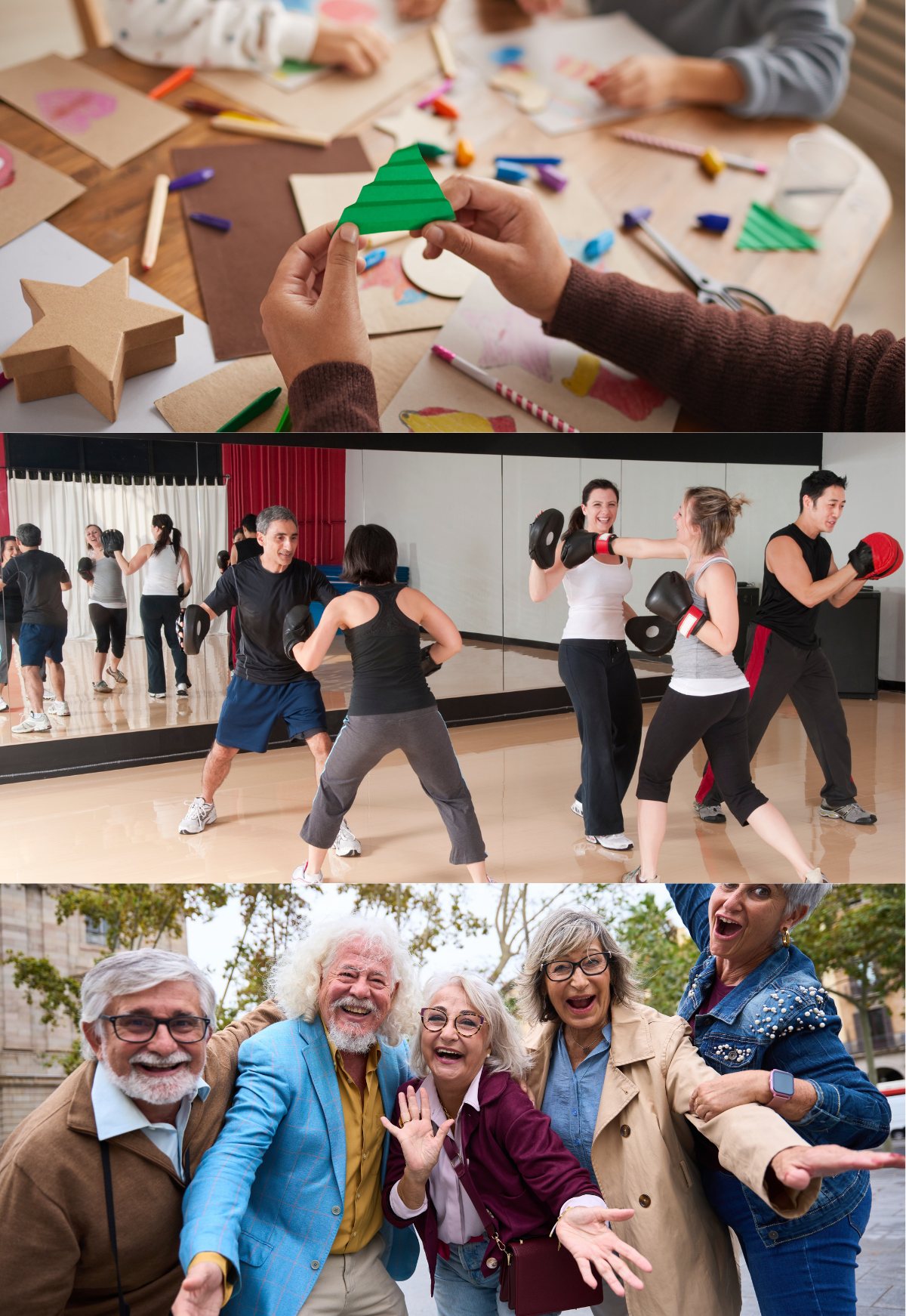 A person's hands with lots of craft supplies. A group of people getting exercise with boxing gloves and pads. A group of seniors smiling and having fun.