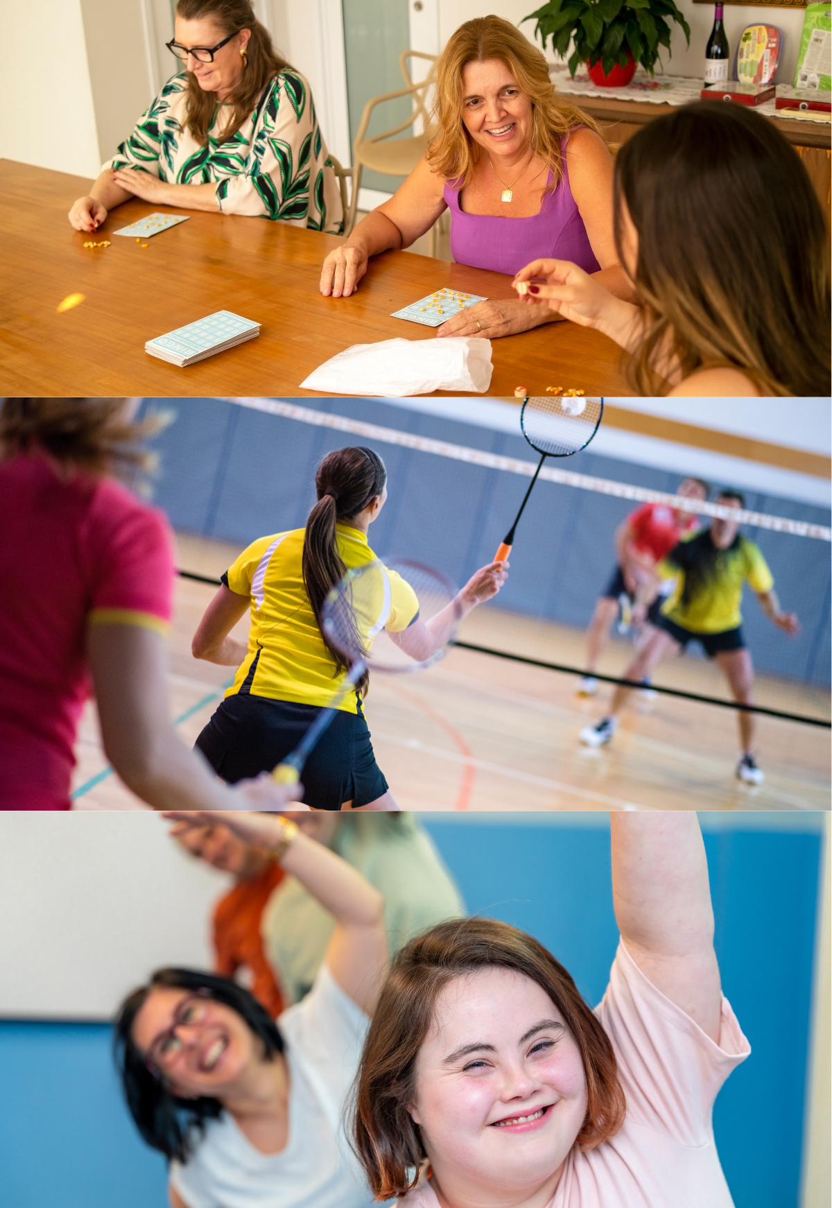 The top photo is showing a group of people sitting at a table playing bingo. The middle photo is shiping people in a gym playing badminton. The bottom photo shows a group of people with one arm in the air. They look like they could be dancing or stretching.