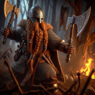 a person with long red braided beard and hair. They are wearing armor and wielding an axe in each hand.