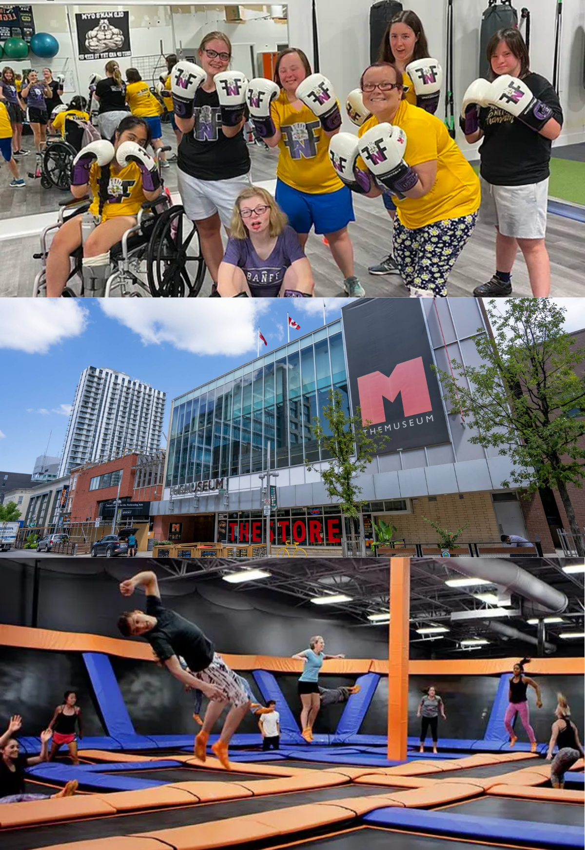 A group of people wearing boxing gloves. A building with a sign that says The Museum on it. A person at a trampoline park jumping in the air.