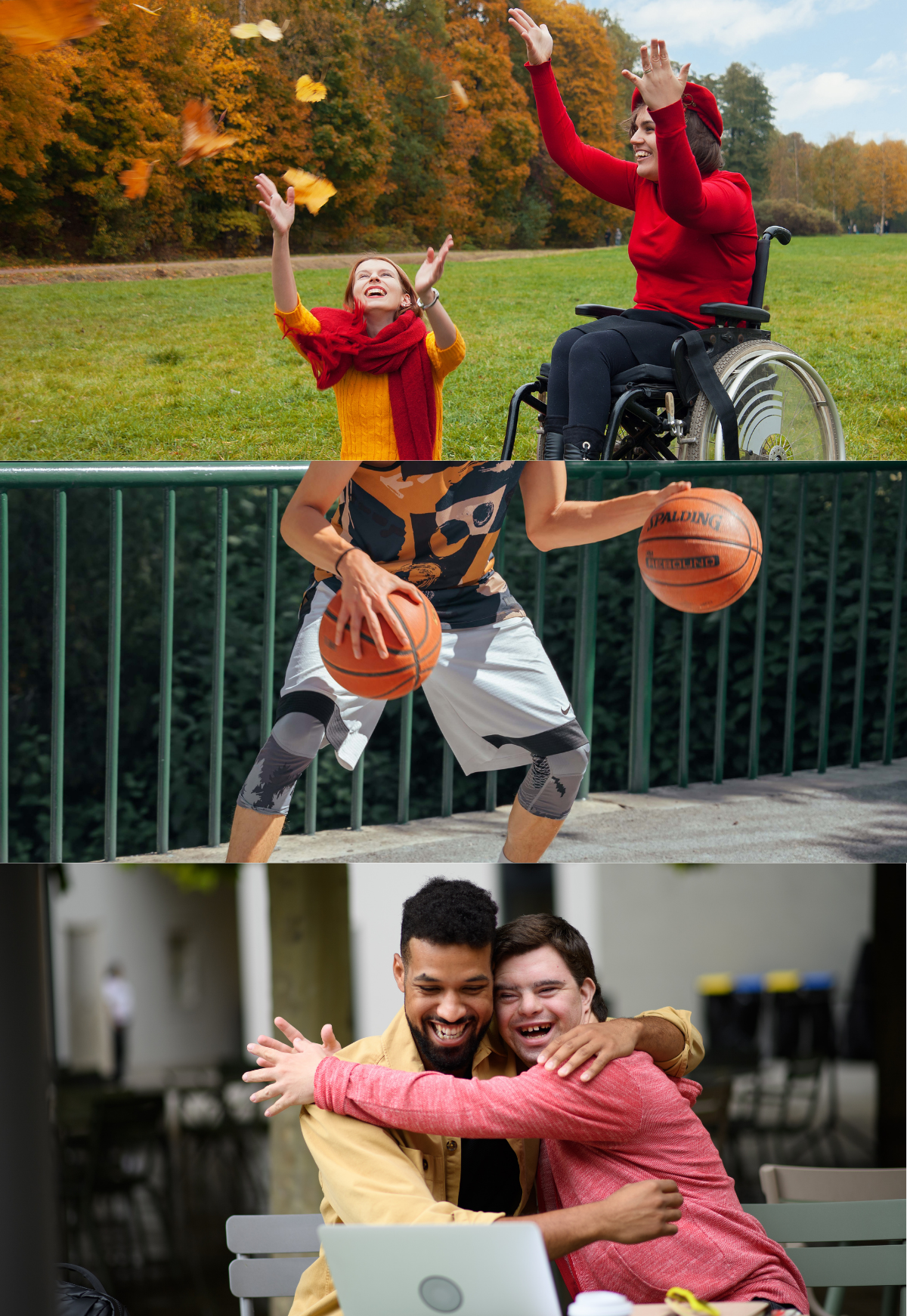 Two people enjoying the outdoors. One is throwing leaves into the air. A person dribbling two basketballs at the same time. Two people in front of a laptop computer. One person is hugging the other person and they are both smiling.