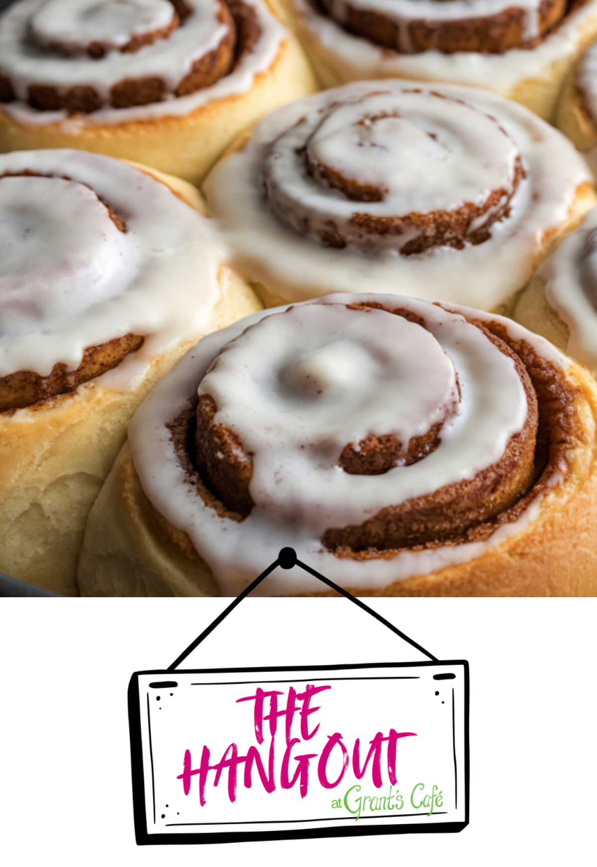 cinnamon buns with white icing. the hangout at grants cafe logo