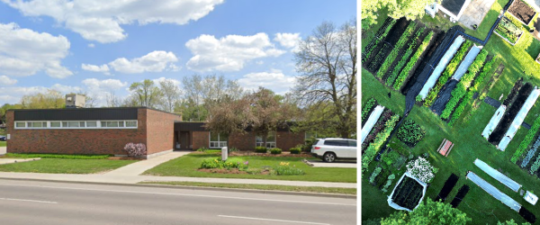 KW Habilitation building at 115 University a place for everyone. This collage of photos features two images. One is the outside of a one story building and the other is a drone photo of a community garden