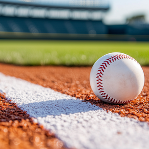 A baseball on the ground with stadium bleachers in the background.