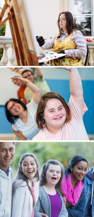 A person wearing an apron and holding a paint brush with palate of paint. There is a canvas they are painting on. A group of people in a gym stretching with their arms above their heads. A group of people smiling for the camera.