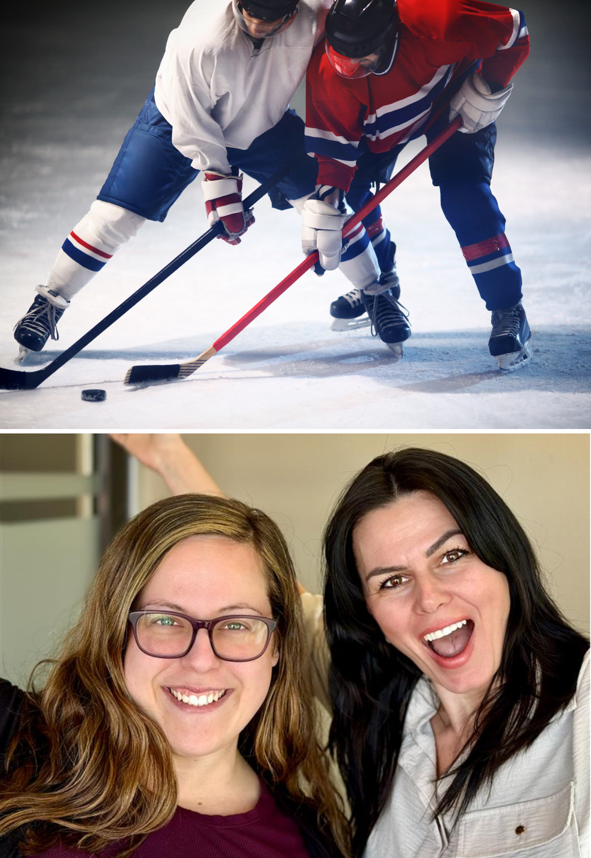 Two hockey players fighting over a single hockey pick. A photo of Sarah and Amanda from Out and About Waterloo Region.