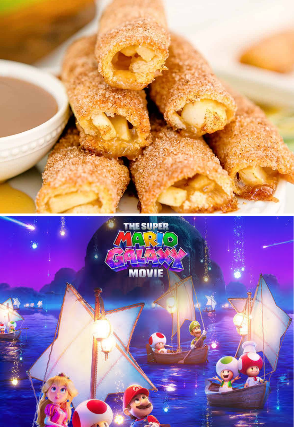 The top photo shows a plate of cheese rollups filled with apple and coated in sugar. The bottom photo shows the Super Mario Galaxy Movie poster with many sailboats, falling sparkling stars and various characters including toad, princess peach and mario.