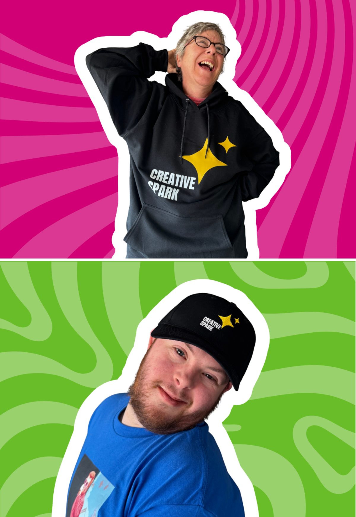 A person wearing a Fleece Creative Spark Hoodie with a funky pink background. A person wearing a creative spark hat with a funky green background.