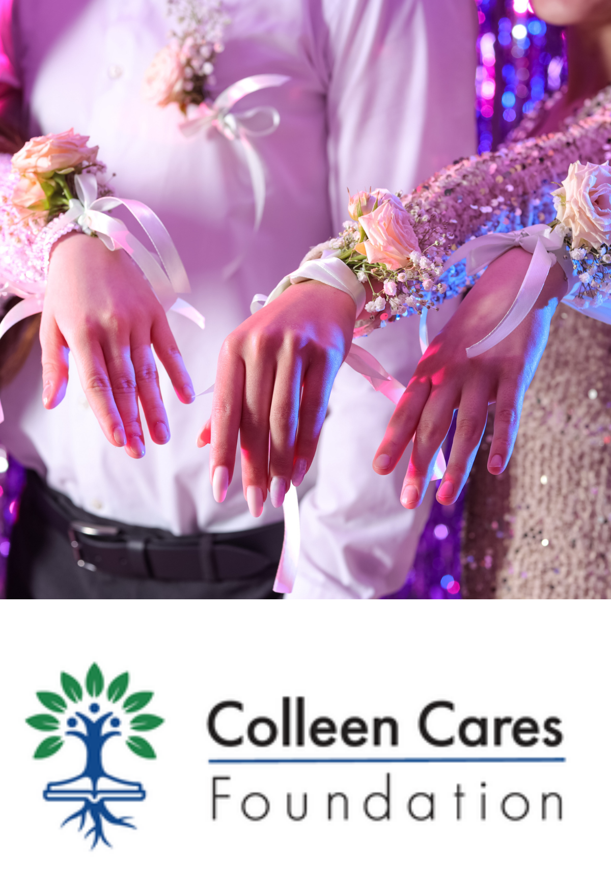 People holding their arms out in front of them. Each arm has a corsage on the wrist with a white rose in it. A person is standing in the background with a white rose corsage pinned to their white shirt.