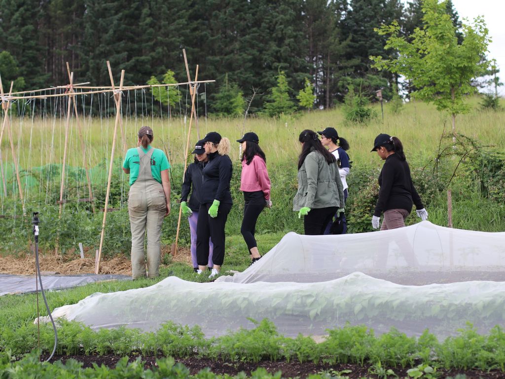 a group of people touring a farmers field