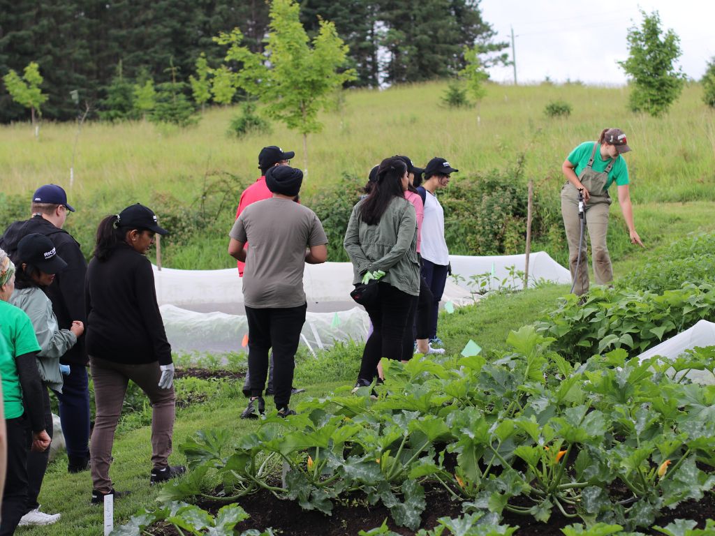 a group of people touring a farmers field