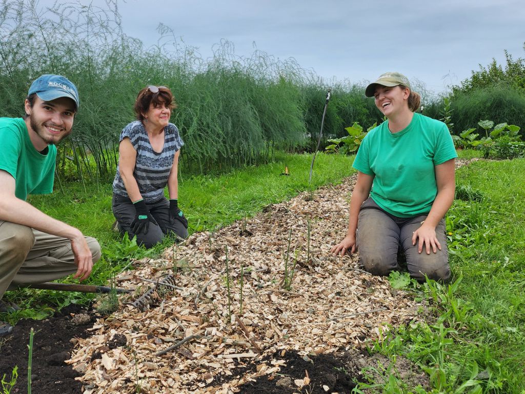 three people kneeling in a garden