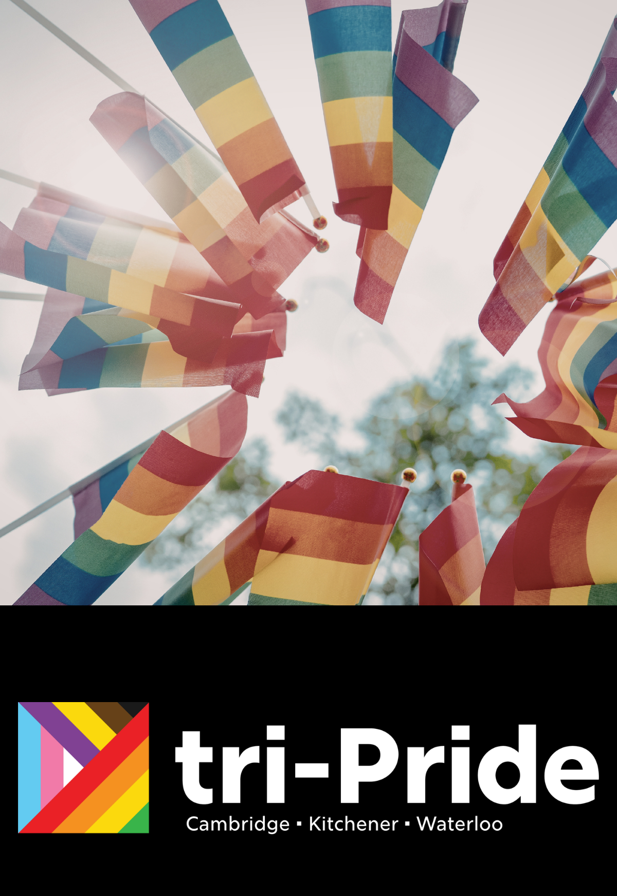 A view from below, looking to a the sky. There is a circle of pride flags with the colourful rainbow design on them surrounding the view. The tri-Pride logo.
