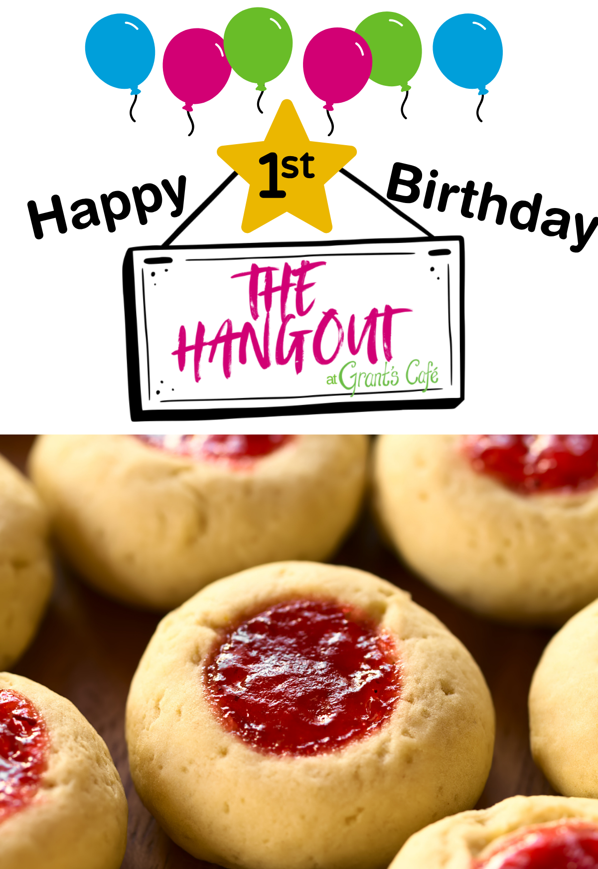 Happy 1st Birthday The Hangout at Grant's Cafe. A photo of Strawberry jam thumbprint cookies