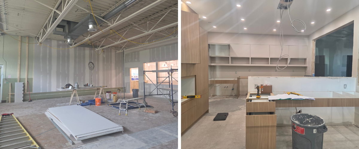 construction photos of the interior space at 115 University Avenue East. Lots of drywall and patching and kitchen details.
