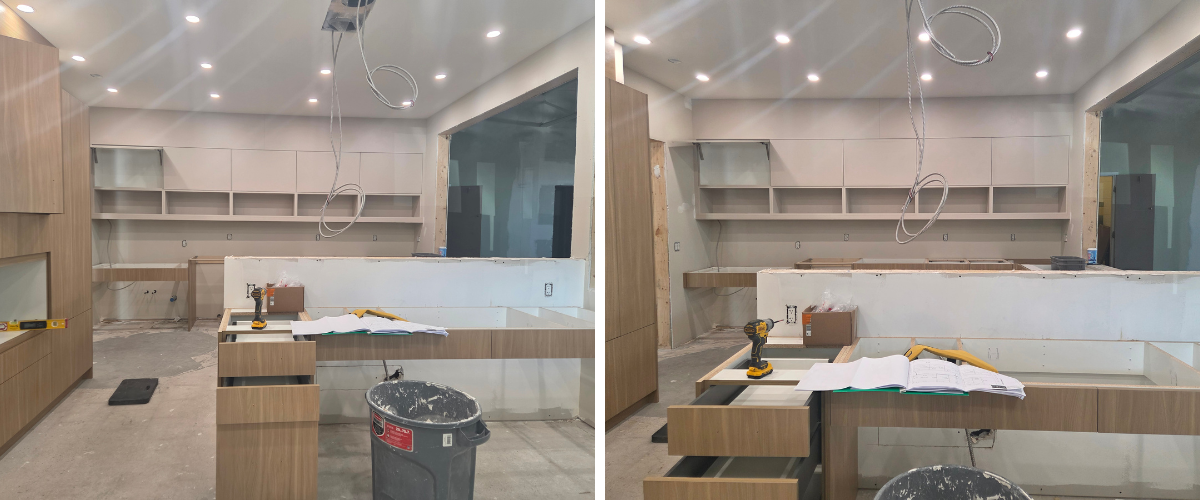 construction photos of the interior space at 115 University Avenue East. Lots of drywall and patching and kitchen details.