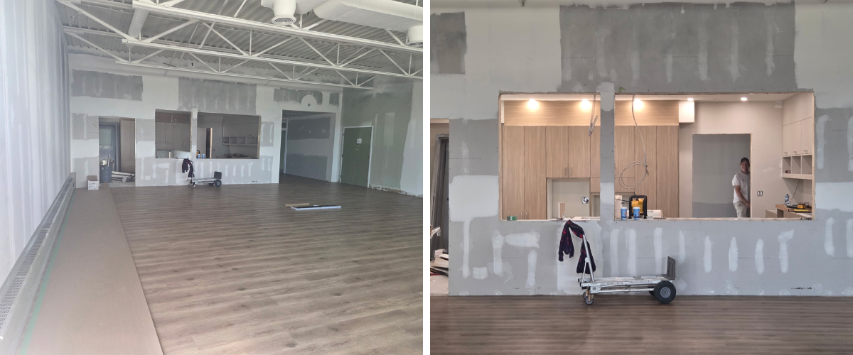 construction photos of the interior space at 115 University Avenue East. Lots of drywall and patching and kitchen details.