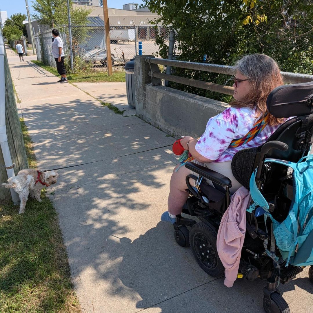 woman in wheelchair walking a cute dog