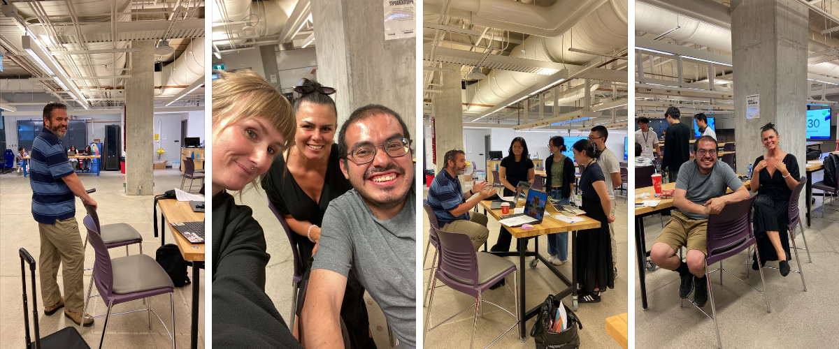collage of photos of people at an event in an industrial space. they're smiling and collaborating and working together.